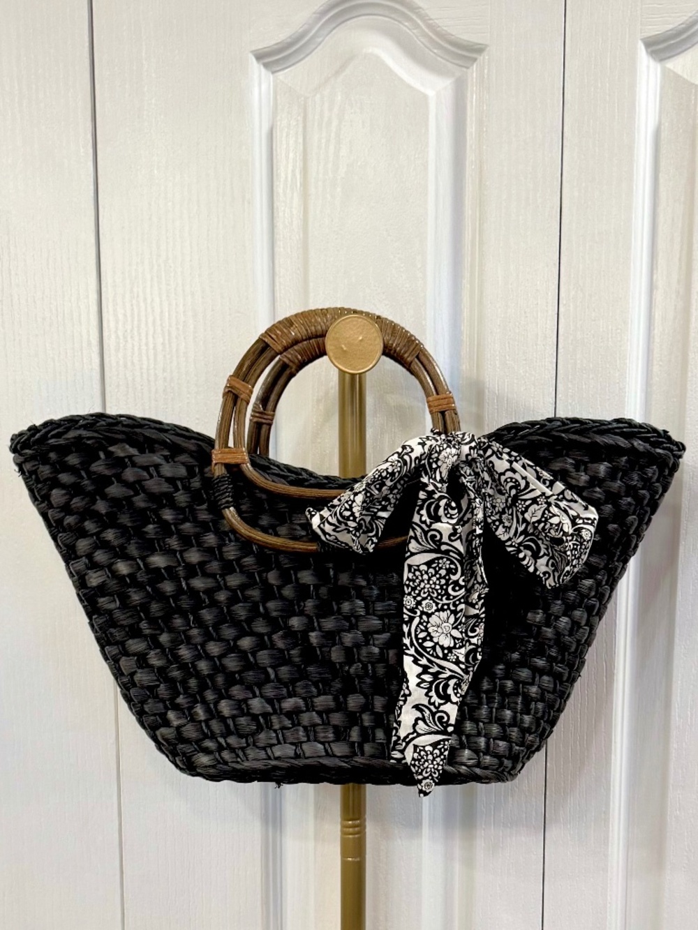 Vintage Black Straw Handbag, Rattan Handles, Black & White Batik Cotton Closure.